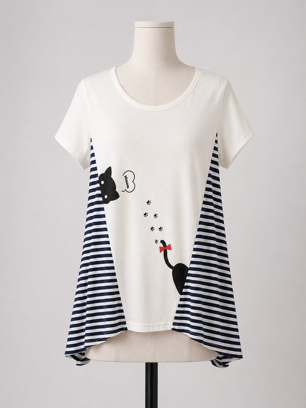 Miaou T Shirt Meow in French Black Cat Shirt Striped Cat Paws Casual Cute Kawaii